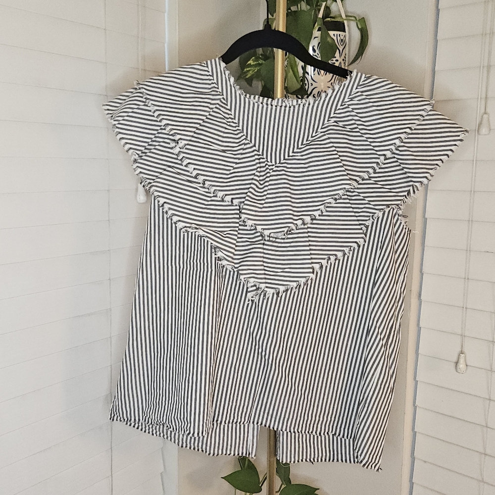 Zara Black and White Striped Ruffle Blouse
